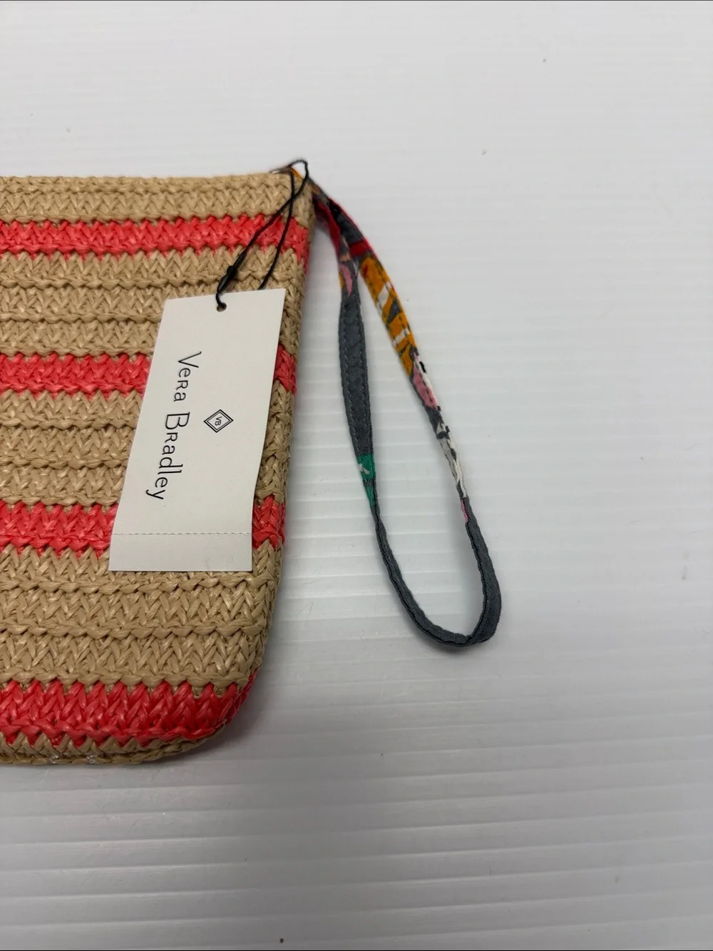 Vera Bradley Woven Straw Wristlet Pouch with Coral Stripe and Parrot Embroidery